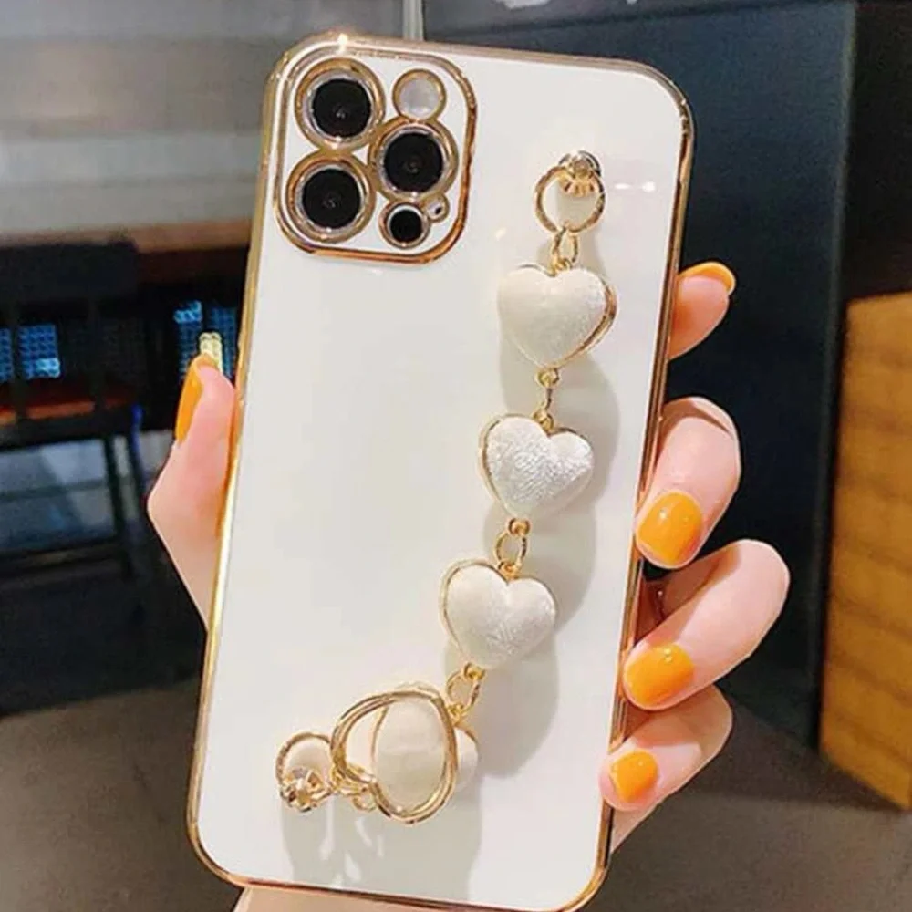 iPhone 15Pro 1pc Solid Color Plush Heart Shaped Bracelet & Phone Case